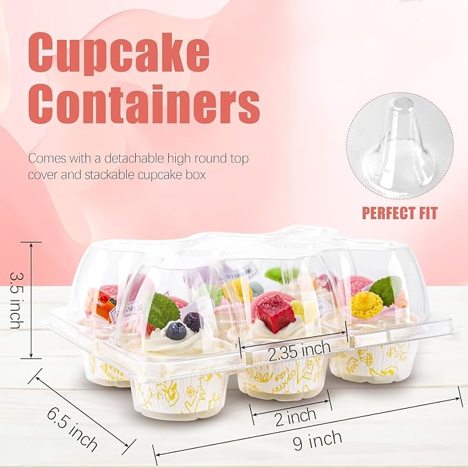 NPLUX 6 Count Cupcake Containers 45 Pack Cupcake Holders Clear Plastic Stackable Cupcake Boxes with Detachable Tall Dome Lids for 270 Cupcakes, BPA Free, Standard Size