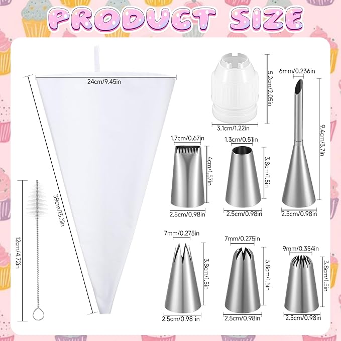 9 Piece Piping Bags and Tips Set, 16inch Reusable Pastry Bags for Cake Decorating, Cupcakes, Cookies, otton Baking Kit with Coupler, Stainless Steel Nozzles & Cleaner