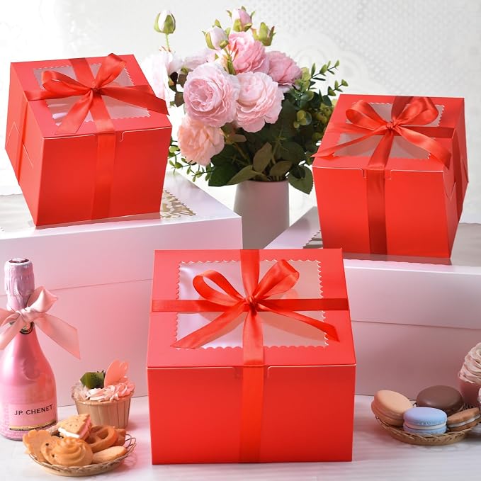 KPOSIYA 40pcs 6x6x5 inch Mini Cake Boxes with Cake Boards (20 Boxes & 20 Boards), 6 inch Small Cake Boxes with Lids，Cajas de mini pastel Bakery Boxes with Window for Christmas Thanksgiving