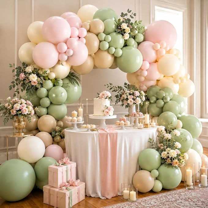 Pink and Green Balloon Arch Garland Kit, 122Pcs Ivory Sand White Dusty Pink Sage Green Spring Balloons for Women Girl Boho Bridal Wedding Baby Shower Engagement Birthday Party Decorations
