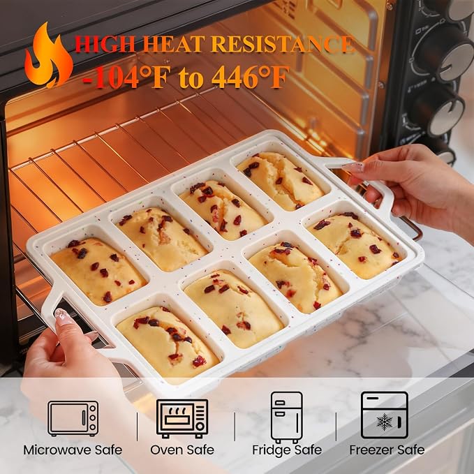 FUNBAKY Mini Loaf Pans with Metal Frame - Silicone Bread Loaf Pan 8-Cavity BPA Free Nonstick for Baking Banana Bread, Cakes, Brownies, Meatloaf 2 Pack