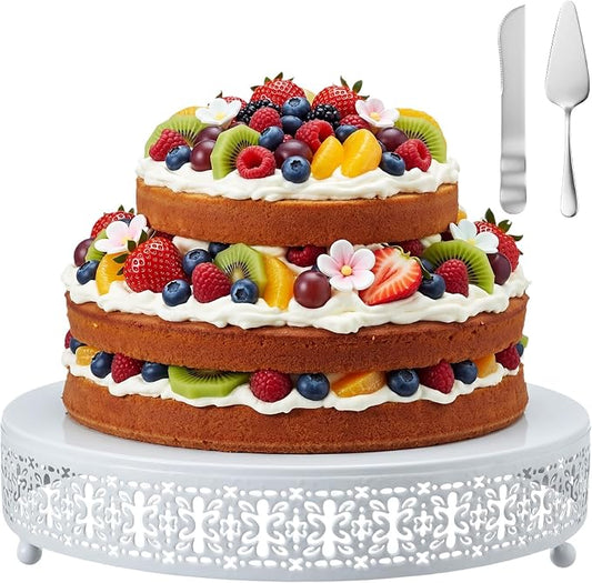 Wenqik White Cake Stand 12 Inch Metal Round Wedding Cake Stand with Cutting & Spatula Cupcake Dessert Cookies Display Holder Fruit Serving Tray for Wedding Birthday Anniversary Party