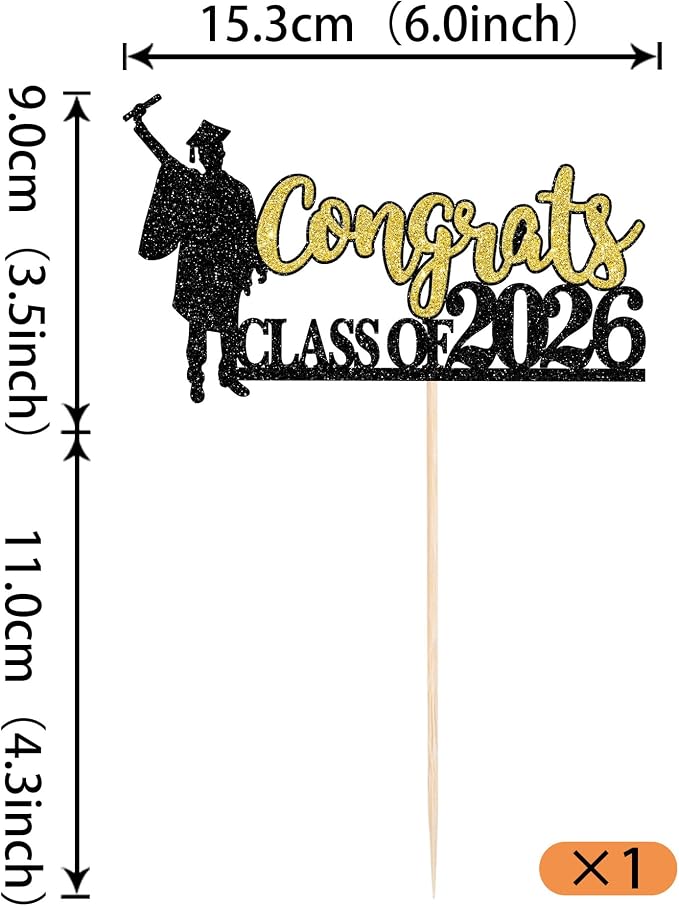 1 Pack Congrats Class of 2026 Cake Toppers Glitter Graduation Boy Cake Picks 2026 Graduation Cake Decorations for Theme High School Boys Graduate Cake Decorations Party Supplies Gold Black