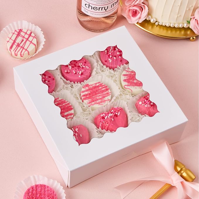 ZORRITA Pie Boxes with Window, 8" x 8" x 2.5", 20 Pack, White | Auto Pop-up, Bakery Boxes, For Chocolate Covered Strawberry, Cookies, Treats, Pastry, Donuts, Muffins