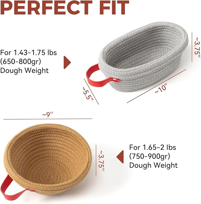 Banneton Bread Proofing Basket Set, 10" Oval & 9" Round Cotton Rope Proofing Baskets with Liners & Covers, Sourdough Bread Baking Supplies