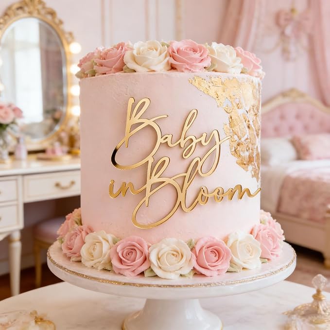 Gold Baby in Bloom Cake Topper,Baby Shower Cake Decor,Acrylic Gender Reveal Party Decoration for Birth Announcement Wecome Baby Party Supplies