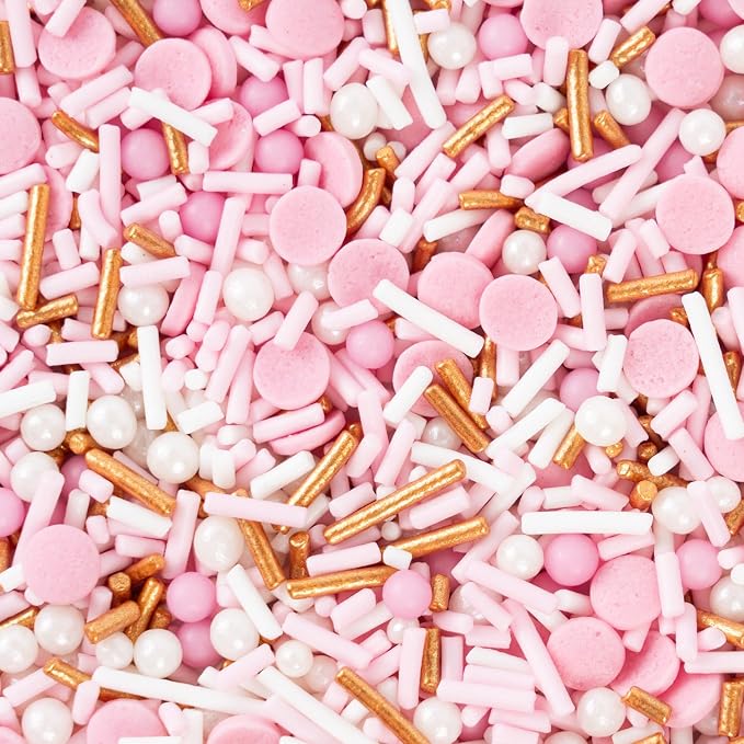 Dye Free Sprinkles Pink No Artificial Dyes Natural Confetti Pearl Sugar Gold Jimmies Valentines Sprinkles for Cake Decorations Baby Shower, Cookies, Fondant Cake, Dessert Toppings, 4.2oz