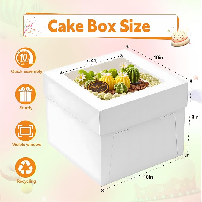 7pcs Cake Boxes, 10x10x8 Inch Cake Box With Viewing Window and Cake Board and Stickers, Tall Cake Box, Suitable for Birthday, Party, Wedding, Banquet