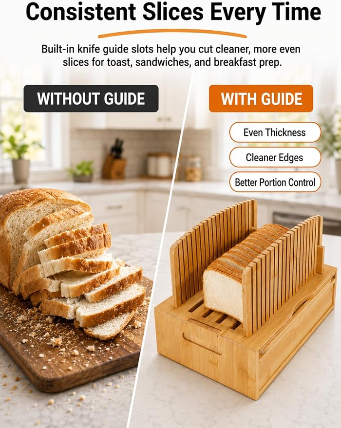 Natural Bamboo Bread Slicer, Bread Slicer Guide for Homemade Bread, Foldable Space-Saving Loaf Guide with Crumb Tray, Adjustable Thickness for Even Slices, Sturdy Cutter for Sourdough and Toast