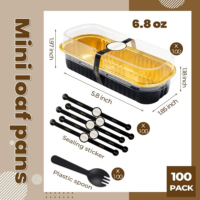 Loaf Pans with Lids, 100 Pack Black Gold 6.8oz for Catering | Fits small cakes, chocolate bites, fruit cups and chilled desserts; paired extras make serving details easier to finish.