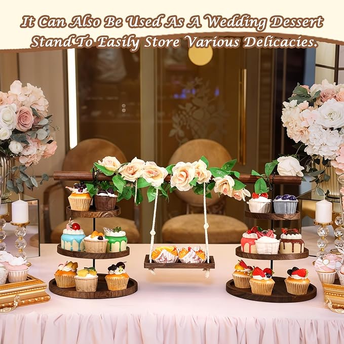 Wooden 3 Tier Cupcake Stand with Swing and Rose Vines Decor, Dessert Table Display Set Removable Serving Tray Cupcake Tower Centerpiece for Tea Party Birthday Baby Shower Wedding