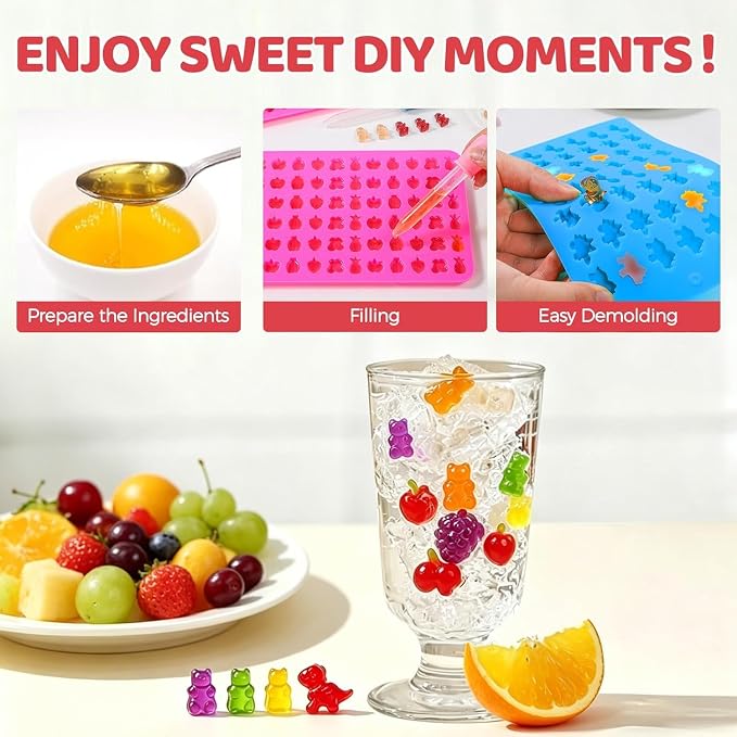 Gummy Candy Molds with 2pcs Droppers, Silicone Bear Dinosaur Fruit Snack Molds, Non-stick Silicone Chocolate Molds for Gummies Candy Chocolate Baking