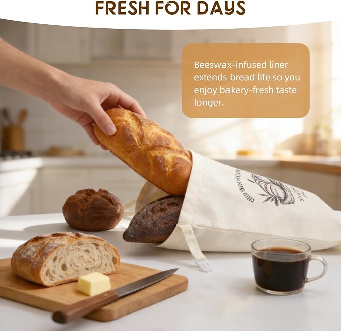 2 Pack Double-Layer Beeswax Sourdough Bread Bags, Reusable Organic Cotton Bread Bag with Detachable Beeswax Liner & Roll-top Buckle, Keeps Homemade Loaves Fresh Longer, XL Capacity | Washable linen shell