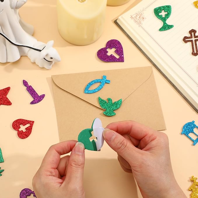 600Pcs Christian Glitter Foam Stickers Adhesive Bible Stickers | Religious Jesus Cross Decals for Kids, Sunday School Classroom Projects Activity, DIY Crafts Art, Party Favors Decorations