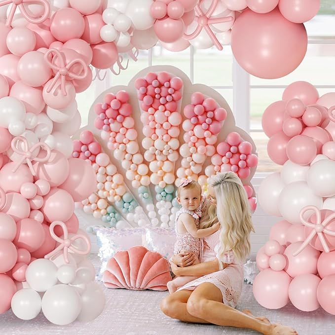 Coquette Birthday Decorations 145 Pcs Pink and White Balloon Garland Arch Kit Include Light Pink White Bow Balloons Different Size for Baby Shower Gender Reavel Wedding Party Decorations