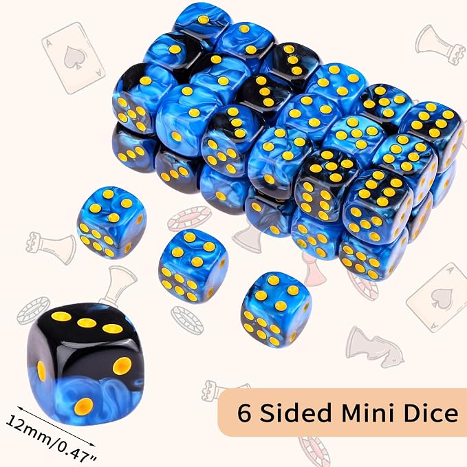 36 of Pack 12MM 6 Sided MINI Dice Set,Two Colours D6 Game Dice Set, 6 Sided Standard Dices for Yahtzee, Bunco or Teaching Math,with Portable Plastic Box(Blue Black)