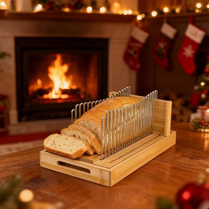 Bamboo Bread Slicer for Homemade Bread with Steel Guides | Adjustable Width, Stainless Steel Slicing Guides, Crumb Tray, For Sourdough Bread, Cakes, Loaves, Bagel
