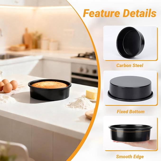 Beasea 8 Inch Cake Pan Set of 3, Nonstick Carbon Steel Round Cheesecake Pans, Heavy Duty Cake Mold Tin for Home DIY Dessert Baking