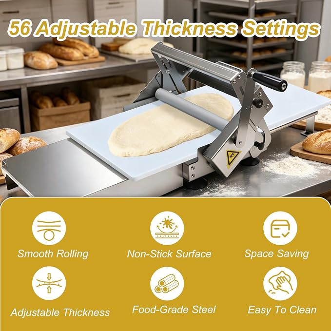 Folding Dough Sheeter Machine, 32.7"X18.9'' Dough Sheeter with 56 Adjustable Thickness Settings (0-25mm), Manual Stainless Steel Dough Roller for Home and Commercial Bakeries