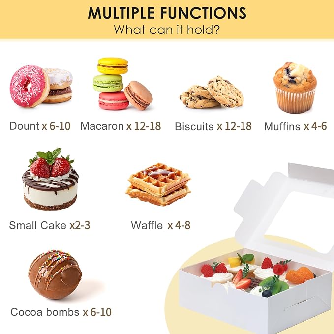 TOMNK 12pcs 8x6x2.5 Inches Bakery Boxes with Window, Cookie Boxes for Chocolate Strawberries, Donuts, Cupcakes, Muffins and Dessert