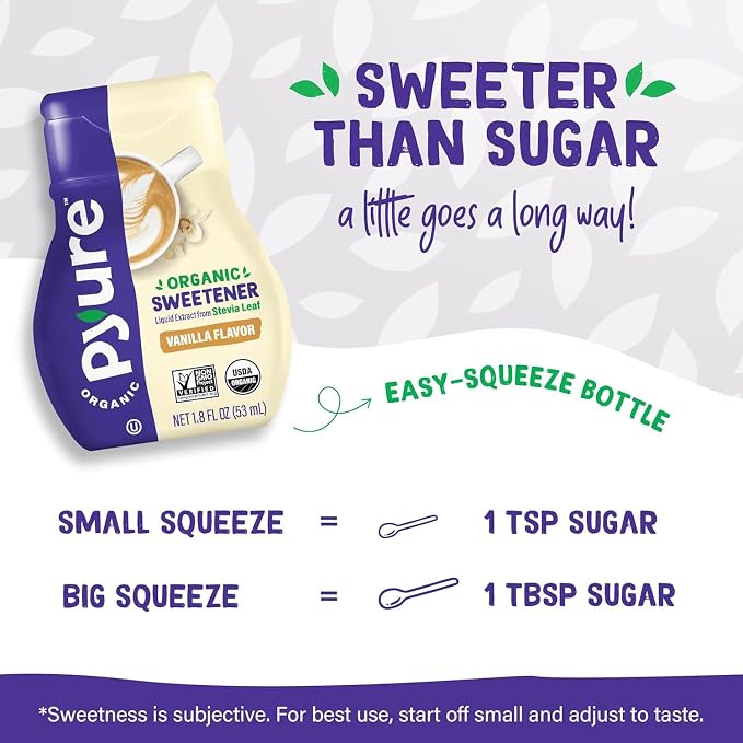 Pyure Organic Vanilla Stevia Liquid Sweetener, Sugar-Free Stevia Drops, Keto Sugar Substitute, Zero Calorie,Zero-Carb, Zero-Sugar, Liquid Sweetener for Coffee,Tea, Baking, 1.8 fl oz Bottle (Pack of 4)
