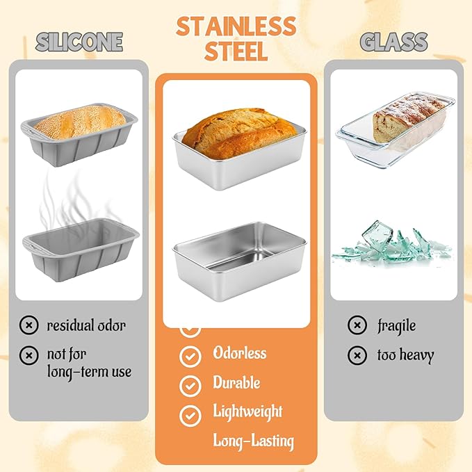 AKOLAFE 4 Pack Stainless Steel Loaf Pan 8.5 x 5.5 Inch Banana Bread Pan for Homemade Bread Loaf Pans for Baking Bread Tin Sourdough Bread Baking Pan Metal Sandwich Loaf Bread Pans for Meatloaf, Cake