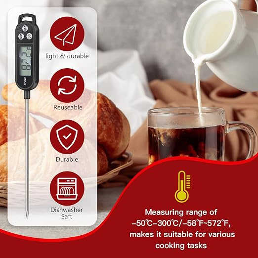Copkim 12 Pcs Meat Food Thermometer Food with Probe Water Liquid Instant Read Digital Thermometer Kitchen Cooking Supplies for Cooking BBQ Milk Yogurt (Black,White,Red)