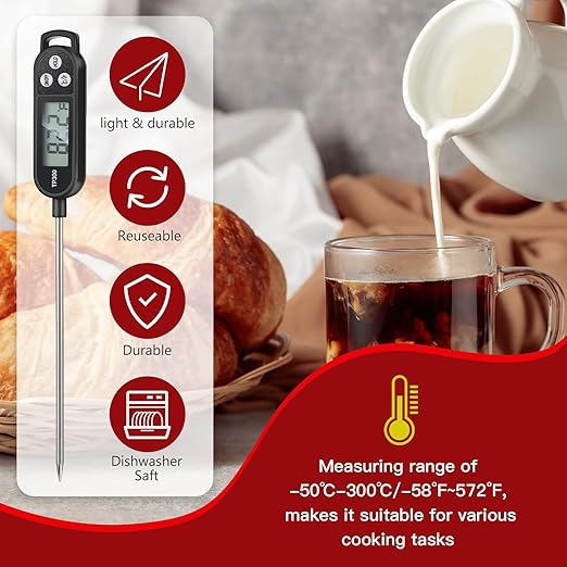 Copkim 6 Pcs Meat Thermometer Food Thermometer with Probe Water Liquid Instant Read Digital Thermometer Cooking Thermometer Supplies BBQ Kitchen Thermometer for Cooking Milk Yogurt (Black)