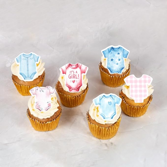 64 PCS Edible Bodysuit Cupcake Toppers Gender Reveal Cupcake Picks Edible It's a Boy Girl Gingham Theme Party Decorations for Gender Reveal Baby Shower Birthday Party Cake Decorations Supplies