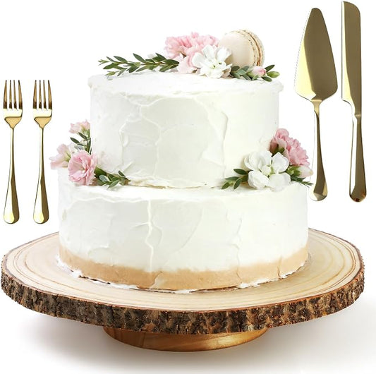 12 Inch Rotating Cake Stand - Rustic Wood Cake Stand with Cake Server, Knife & Forks Set | Cake Turntable for Easy Decorating, Perfect for Weddings, Birthdays, Party Dessert Display & Gift