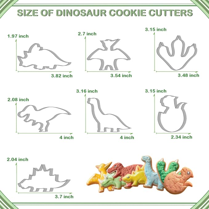 New Dinosaur Cookie Cutter Set - 7 Piece Stainless Steel Fun Dino Cookie Cutter for Kitchen, Baking, Dinosaur Birthday Party Supplies