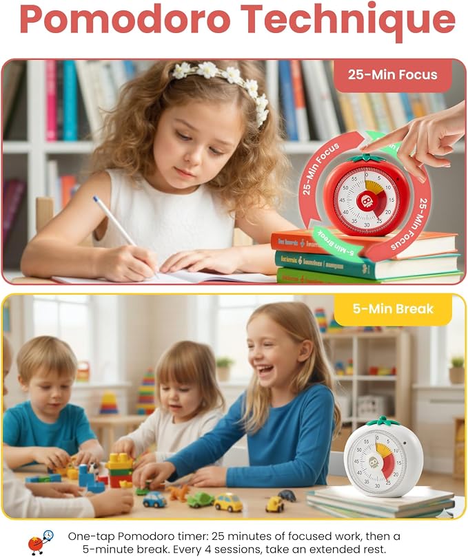 Magnetic Visual Timer, 60-Minute Countdown for Kitchen Classroom Homework | 4-Color Zone Dial with Cute Design, Kids Timer with Pomodoro Mode Time Management Tool for ADHD, Cooking & Baking