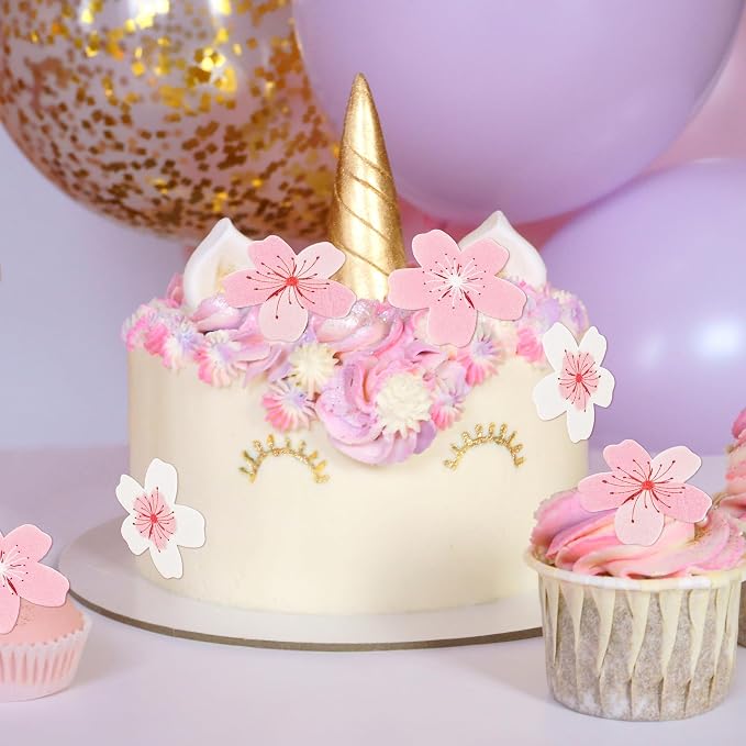 70Pcs Cherry Blossom Edible Cake Decorations Wafer Paper Flower Cupcake Toppers Paper Pink Cherry Blossom Flowers Wedding Themed Party Birthday Cake Decoration