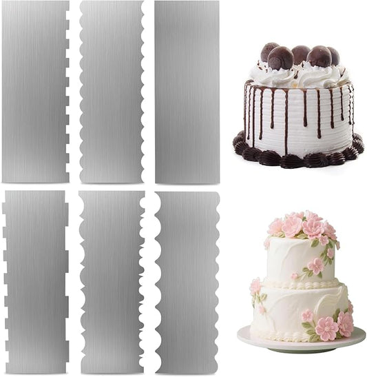8.6 Inch Metal Cake Scraper, 6 Pack Double Sided Contour Patterned Edge Smoother, Stainless Steel Cake Decorating Comb Icing Leveler Tool for Buttercream Mousse Pastry Cake Border Decoration