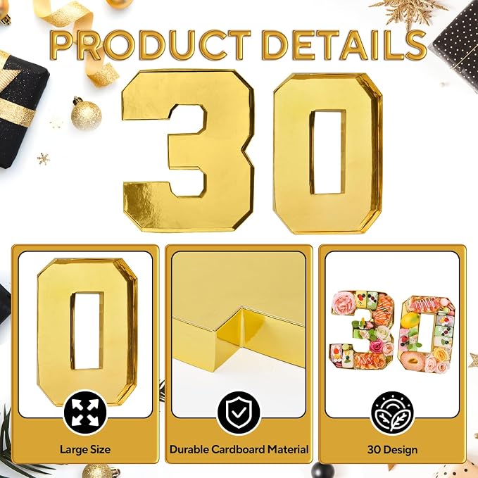 Cardboard Number for Charcuterie 30 Set Fillable Tray 10.2'' Gold Charcuterie Paper Box for 30th Birthday Anniversary Party Decorations Chocolate Candy Cupcake Container