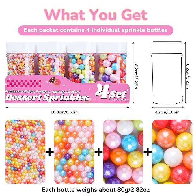 Rainbow Dot Sprinkles, 11.3oz/320g Edible Pearls Rainbow Nonpareils Sprinkles, 4 Jars Set for Baking Cakes Cupcakes Cookies