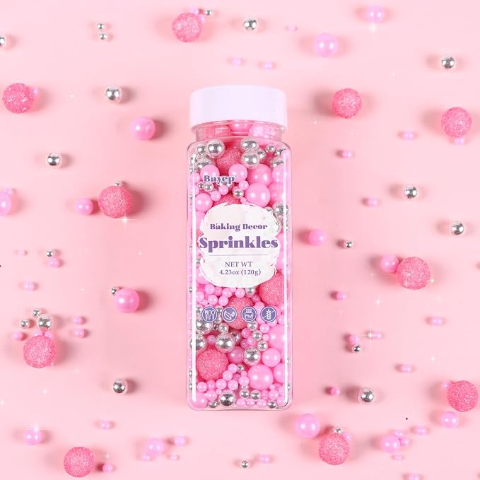 Pink Sprinkles for Cake Decorating 4.23ounce - Sparkle Pearl Sprinkles for Cupcake Toppers, Ice Cream, Candy, Cookie Decorations - Silver Sprinkles for Princess Bridal Shower Wedding Party
