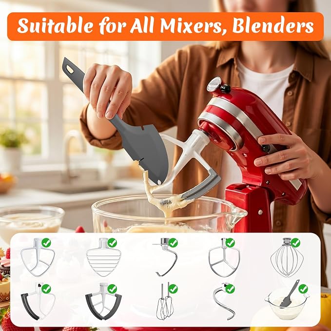 Silicone Bowl Scraper Spatula for KitchenAid Mixers, Heat Resistant Beater Blade Cleaner for Paddle Attachments, Dough Hooks & Mixing Bowls(Grey)