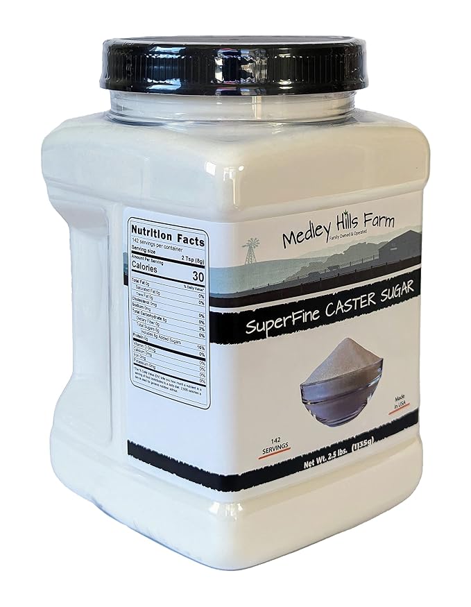 Superfine Caster Sugar By Medley Hills Farm in Reusable Container 2.5 lbs. - superfine sugar for baking of homemade treats, icing sugar, cakes - Product of USA (Pack of 2)