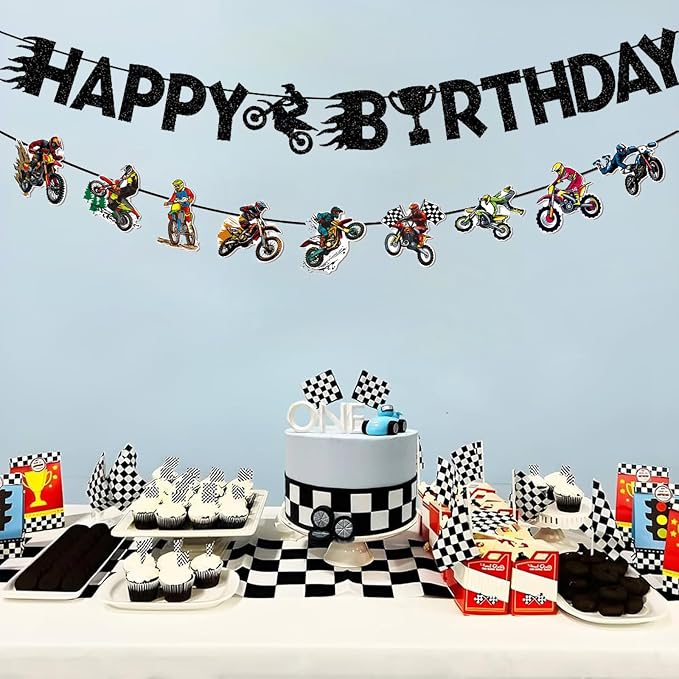 Zwiebeco Motorcycle Happy Birthday Party Decoration Banner Bunting Garland Hanging Paper for Harley Inspired Dirt Bike Racing Theme Boys Girls Men Women Kids Adults Birthday Decor Accessories Supplies