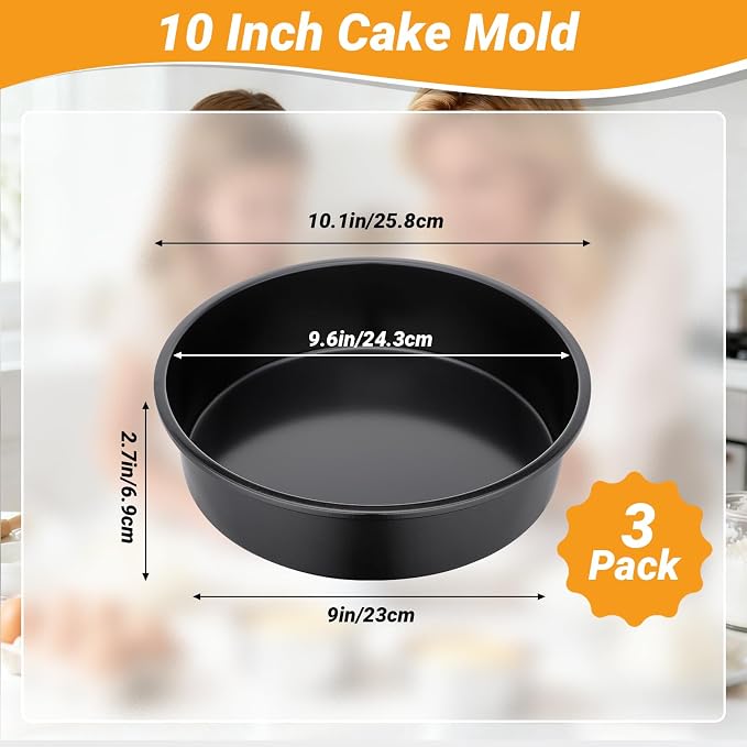 Beasea 10 Inch Cake Pan Set of 3, Large Carbon Steel Round Cake Pans for Baking, Heavy Duty Large Cheesecake Mold Tin Bakeware for Birthday Party Wedding