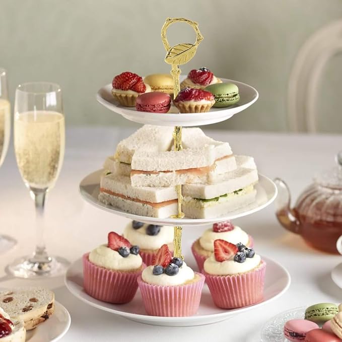 3 Set Metal 3 Tier Leaf Cake Stand Centre Handle Fittings, Fruit Heavy Plate Handle Fittings Hardware Rod(Gold)