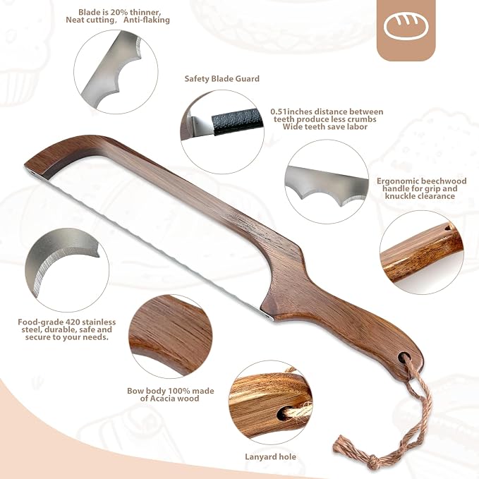 HOTTOR Sourdough Bread Knife for Slicing, Wooden Bread Slicer Bow Saw Cutter for Homemade Easy Cutting,Sourdough Knives Baking Supplies (Dark Brown)