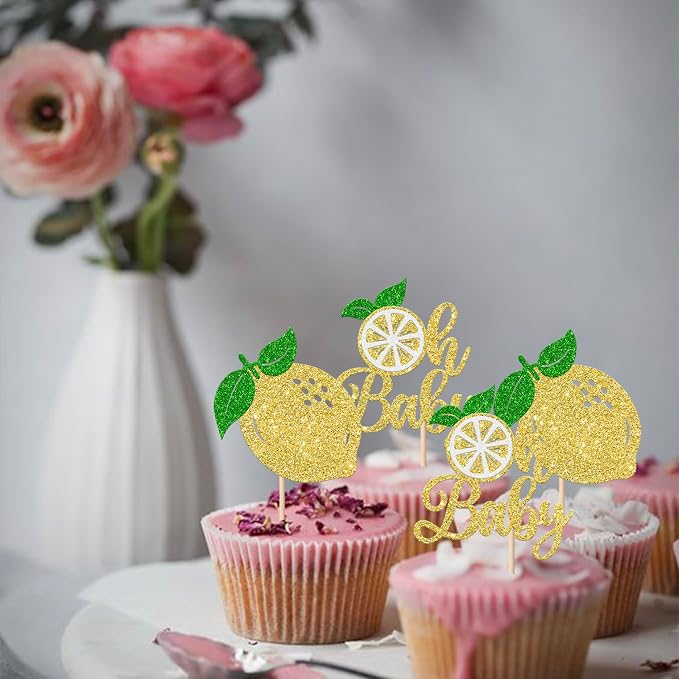 Rsstarxi 24 Pack Lemon Oh Baby Cupcake Toppers Gold Glitter Fruit Theme Oh Baby Lemonade Cupcake Picks for Lemon Theme Baby Shower Kids Birthday Party Cake Decorations Supplies