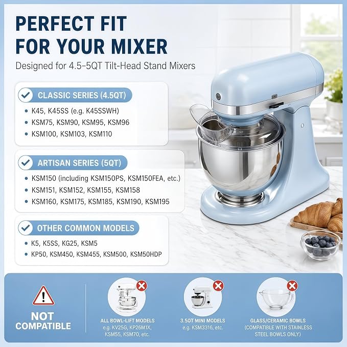 Stainless Steel Pouring Chute with Splash Guard Bowl Lid Combo, Replacement Accessories Fit KitchenAid 4.5-5 Quart Tilt Head Stand Mixer,Anti-Spill Bowl Cover & No-Mess Pour Guide Mixer Attachments