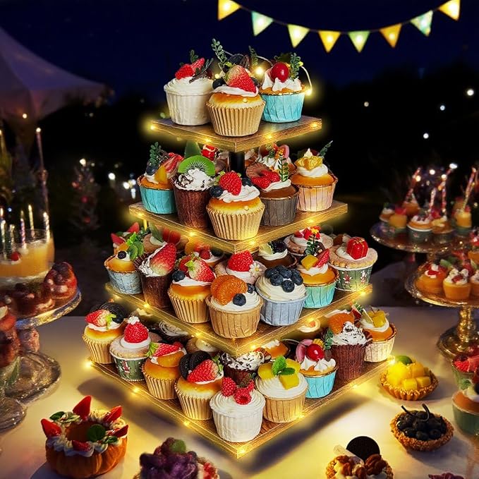 4 Tier Cupcake Stand, Wooden Cupcake Holder Stand for 50 Cupcakes Rustic Cupcake Display Stand for Wedding, Birthday