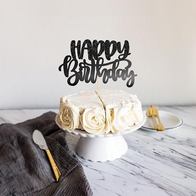 Gyufise 1Pcs Happy Birthday Cake Topper Glitter Cake Pick for Celebrating Anniversary Theme Party Cake Decorations Supplies Black