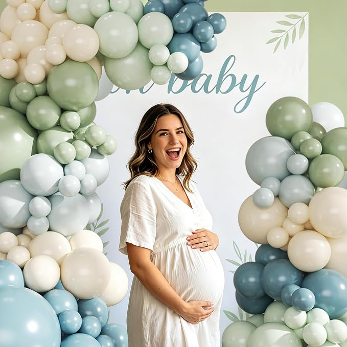 Sage Green Dusty Blue Balloon Arch Kit 124Pcs blue Green Light Green Sand White Balloons for Baby Shower Bridal Shower Anniversary Birthday Party Decorations