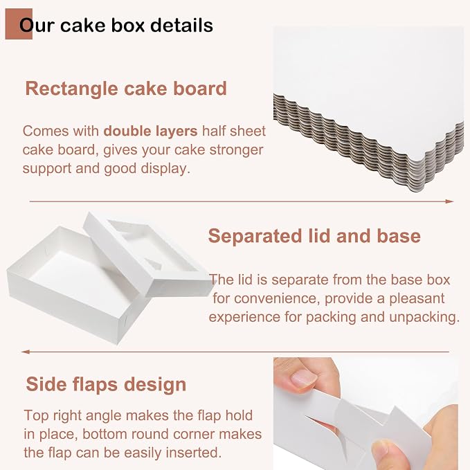 Mefleet 6pcs 19x14x4 Half Sheet Cake Boxes with 6pcs Cake Boards Rectangle 1/2 Sheet Bakery Boxes with Window for Pastry Baking Cake, Cupcakes, Donuts, Cookies, Pie Treat Packaging White Large