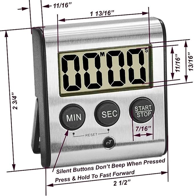 Elegant Digital Kitchen Timer Stainless Steel - Loud Alarm - Model eT-23